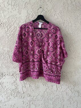 Pure Jill J. Jill 100% Cotton Paisley Kimono Wrap Top Pink Purple S-L